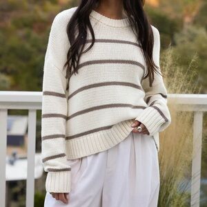 Jenni Kayne Chloe Crewneck Cotton Sweater in Ivory/Taupe Stripe - S